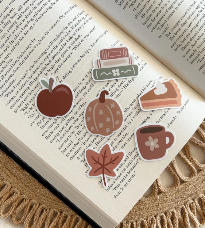 6 mini fall stickers pack: pie, books, apple, mug, coffee