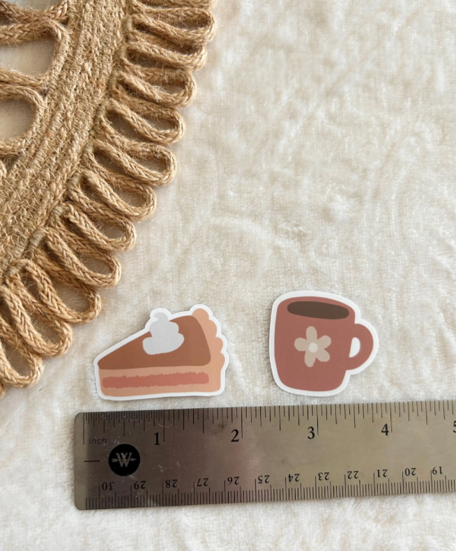 6 mini fall stickers pack: pie, books, apple, mug, coffee